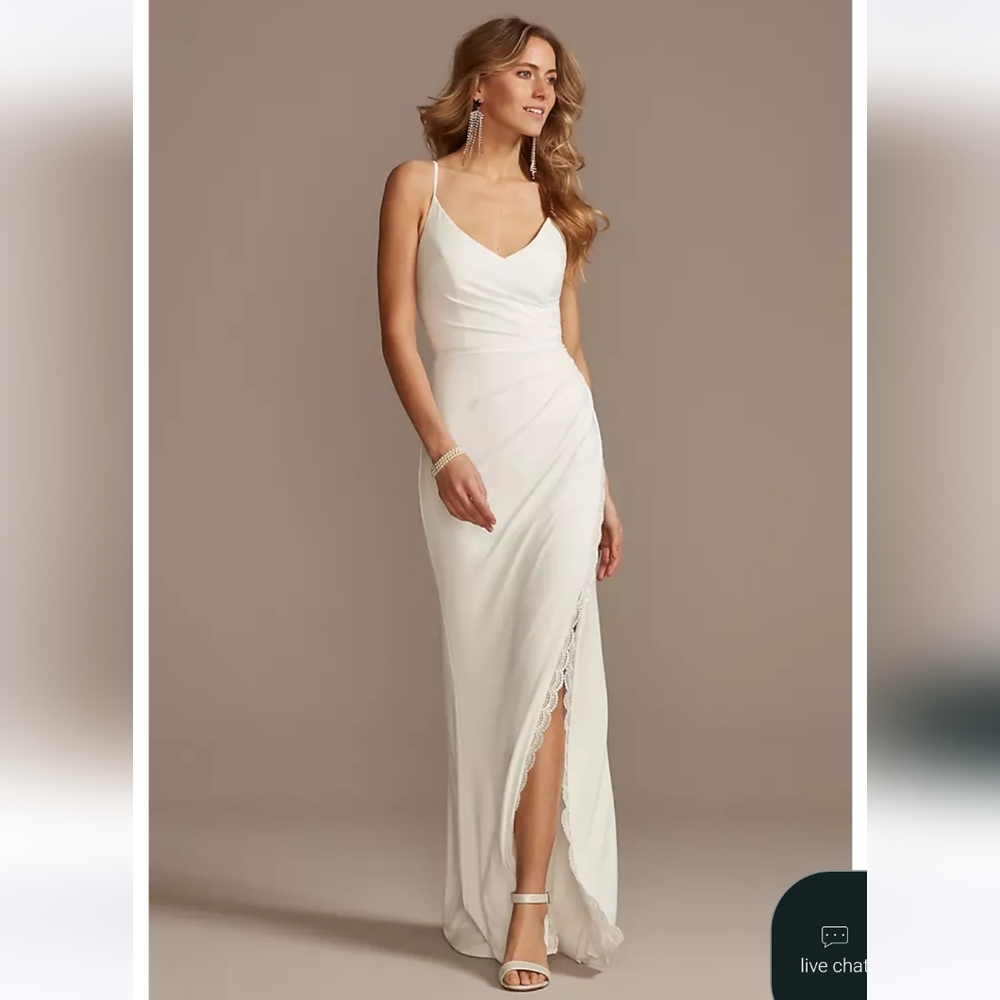 Ruched Skinny Strap Dress with Lace Slit Soft White Size 14 Davids Bridal NWT